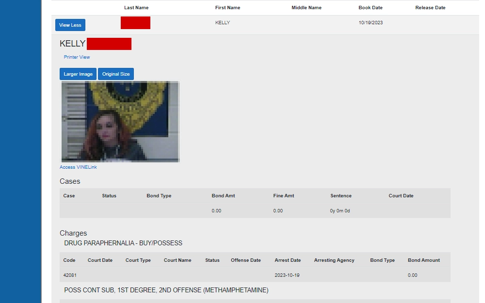 A screenshot of an inmate's details from the Clay County Detention Center jail tracker search results shows inmate information such as the offender's full name, book date, mugshot, case information and charges. 