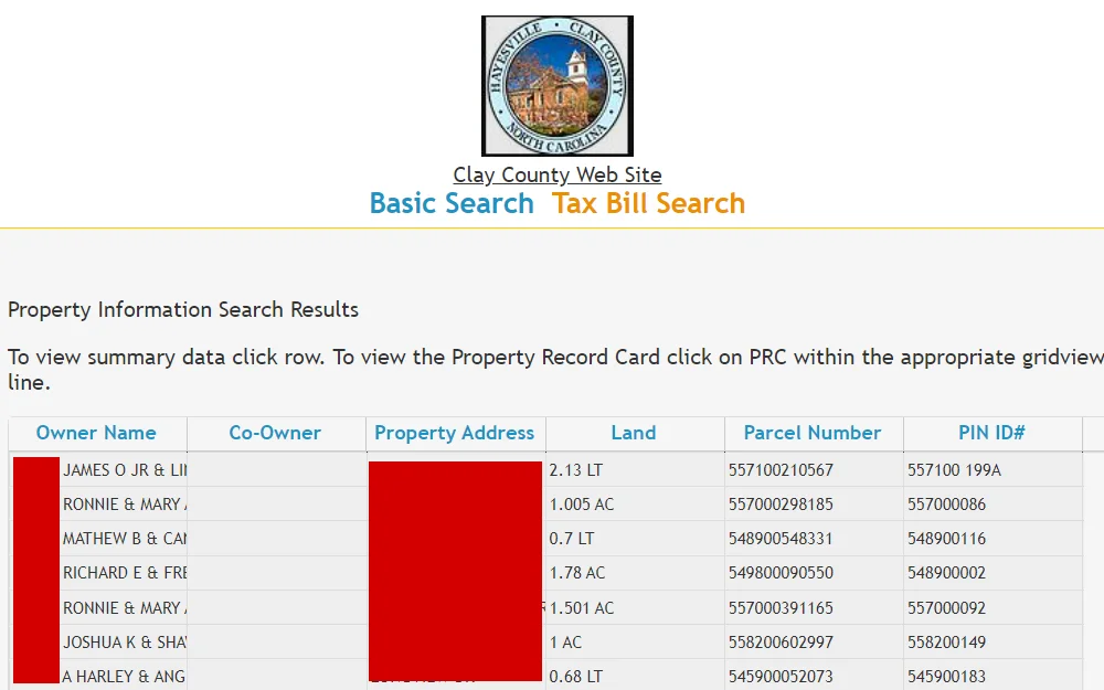 A screenshot of the property search results from the Clay County Tax Office page displays the list of properties, including owner name, co-owner, property address and parcel number. 