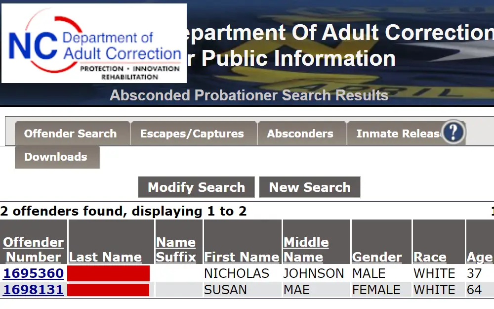 A screenshot of the absconded probationer search results from the NC Department of Adult Correction page displays information such as offender number, full name, gender, race and age.