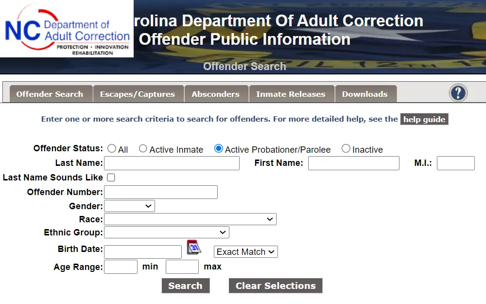 A screenshot of the offender search page provided by the North Carolina Department Of Adult Correction requires the user to select "Active Probationer/Parolee" and input information in the necessary fields to search. 
