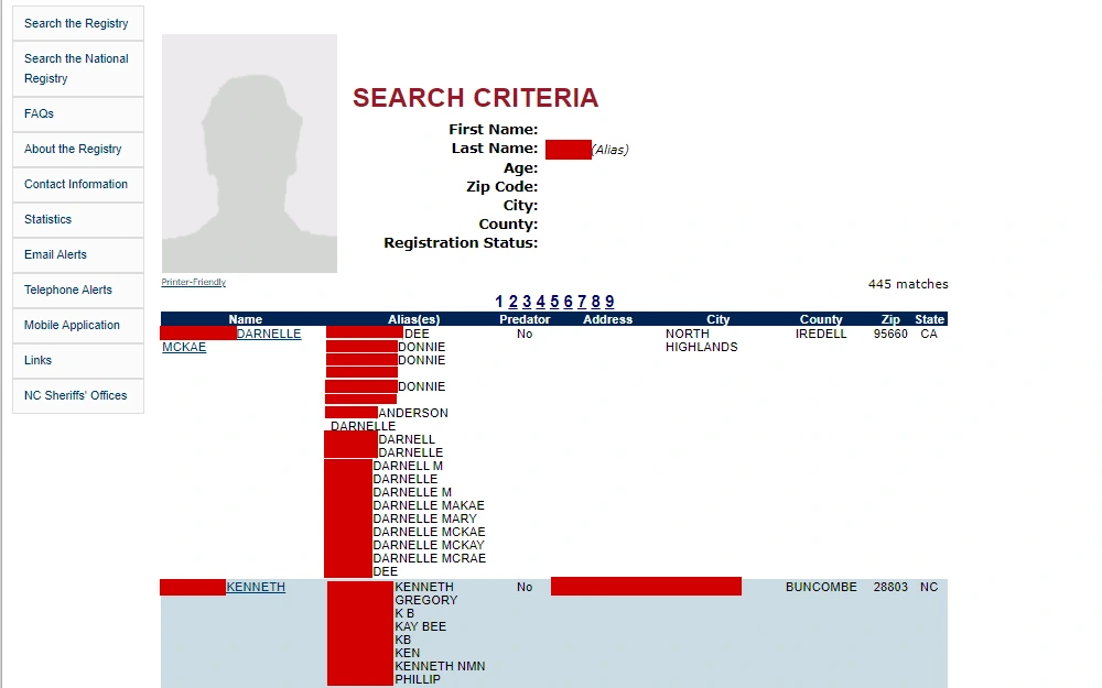 A screenshot of the sex offender search results from the North Carolina State Bureau of Investigation website displays a list of offenders with their full name, aliases and addresses.